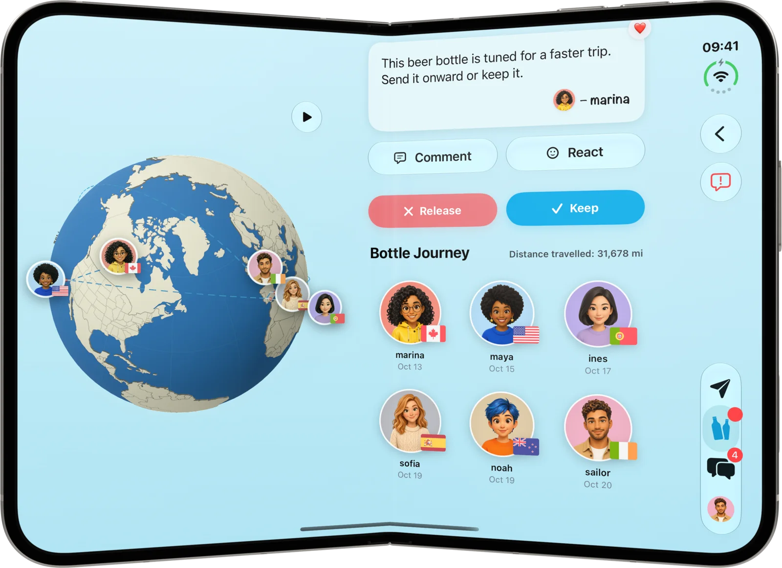 A bottle's journey on a globe beside the message, on a half-folded iPhone Duo