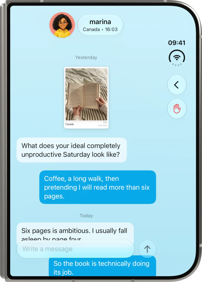 A Shorebound chat on the outer display of a folded iPhone Duo