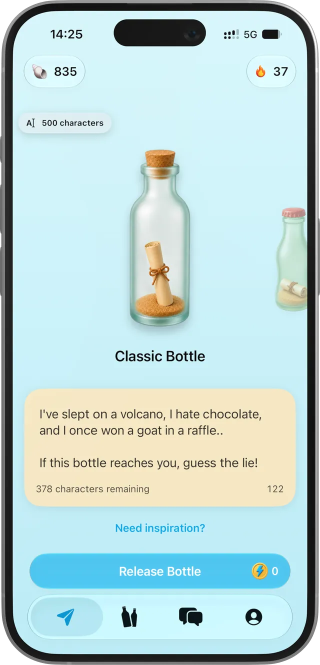Writing a two truths and a lie message in a soda bottle in Shorebound