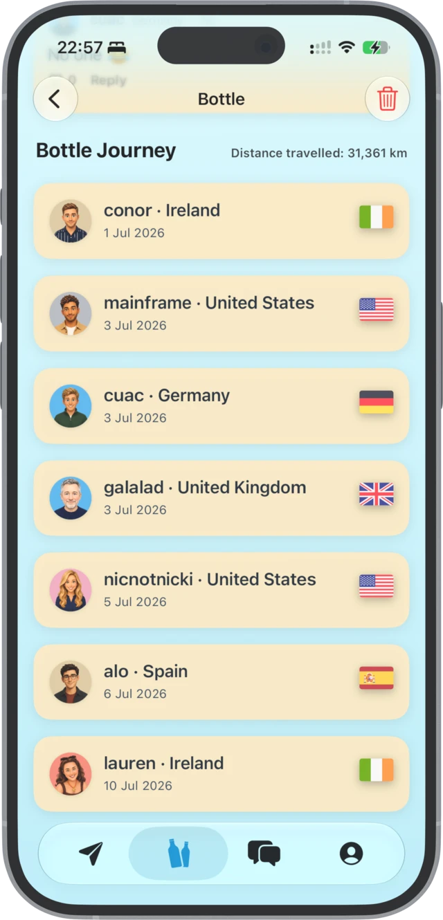 A bottle journey in the Shorebound app passing through Ireland, the United States, Germany, the United Kingdom and Spain — 31,361 km travelled